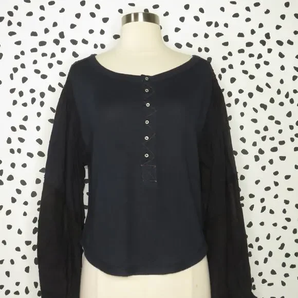 Free People Navy Mixed Media Light Magic Henley Balloon Sleeve Top - Picture 5 of 12